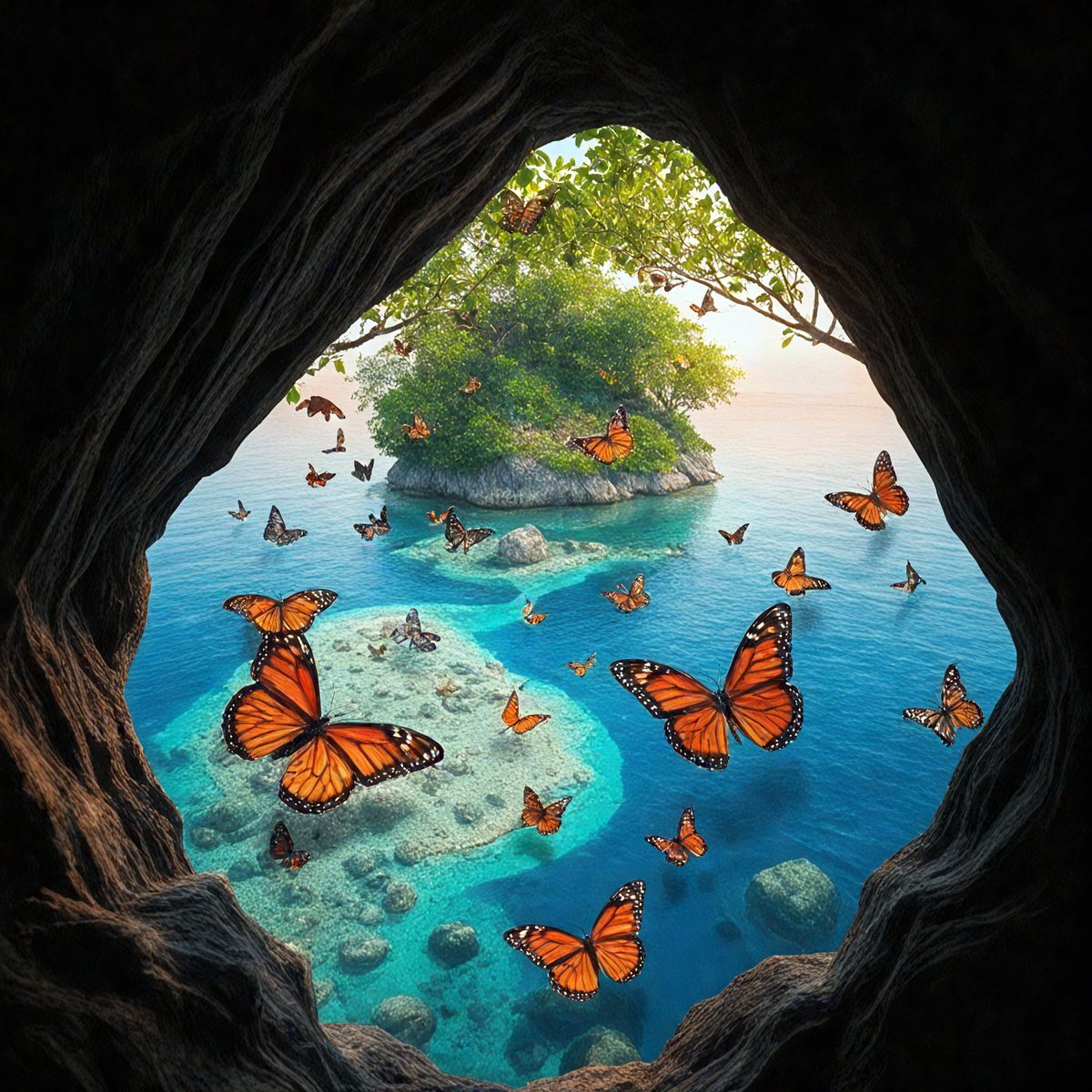 The primary subject of the image is a group of butterflies flying over a body of water. The setting is a beautiful island with a lush green tree, and the visual style is a digital art illustration. The colors and mood of the image are vibrant and serene, with the butterflies and the water creating a sense of tranquility and freedom.